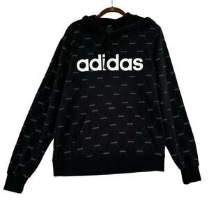 Adidas Hooded Sweatshirt Men's M Black White Allover Spellout Print Hoodie